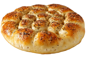 Golden-crust artisan Italian focaccia bread with rosemary and sea salt, ultra-high-resolution PNG cutout on transparent background ideal for bakery menus, packaging mock-ups and food blogs