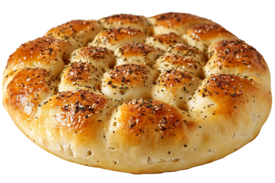 Golden-crust artisan Italian focaccia bread with rosemary and sea salt, ultra-high-resolution PNG cutout on transparent background ideal for bakery menus, packaging mock-ups and food blogs