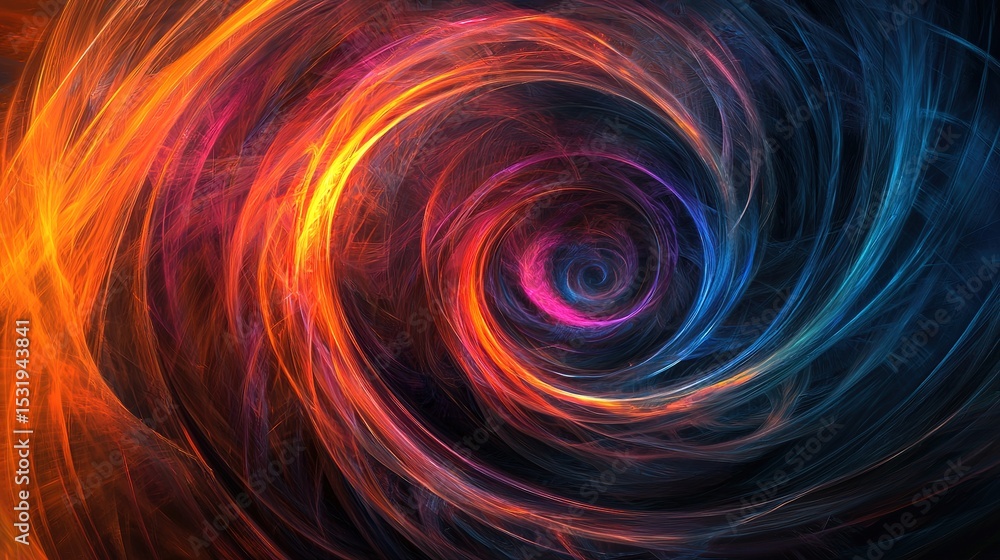 Poster a vibrant abstract swirl of fiery orange, red, and deep blue colors creating a dynamic spiral patter