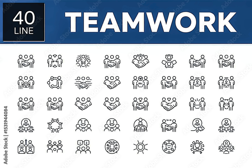 Poster teamwork icons 40 line icons set for collaboration and unity