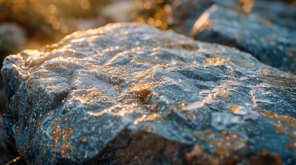 Artistic close-up of granite with shimmering mica flecks under sunlight.