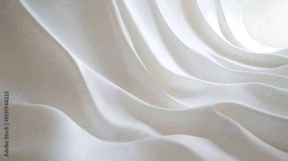 Poster flowing elegant white fabric cascades creating soft curves under gentle light, creating a luxurious 