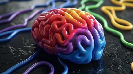 3d illustration of a rainbow-colored human brain with blue stripe on black background featuring red, yellow, green, and blue neural connectors for futuristic ai, innovation, and technology concepts