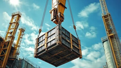 Industrial crane lifting a large crate.