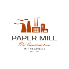 Paper textile mill factory with smoking pipes in flat style isolated, factory buildings silhouette logo