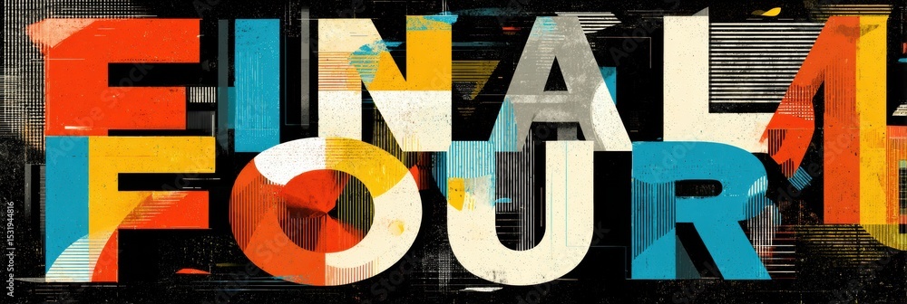 Poster bold typography features final four letters in vibrant colors with minimal design elements, celebrat