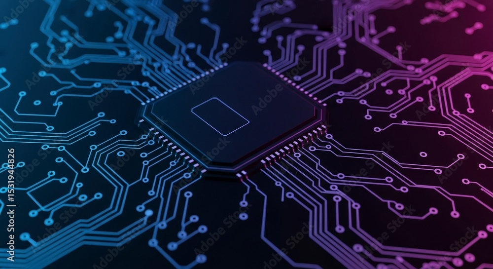 Poster close-up view of a circuit board featuring a central processor with blue and purple hues on black ba
