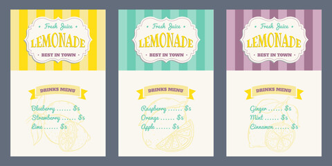 Lemonade Trendy menu set. Design template with hand drawn illustration in doodle style. Lemon drink concept with slogan and price. Background for branding, AD