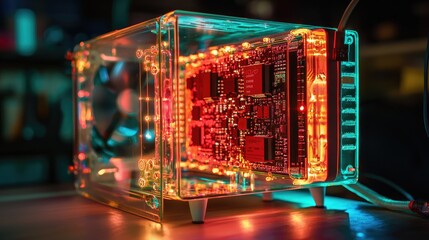 Transparent computer case illuminated with colorful lights.