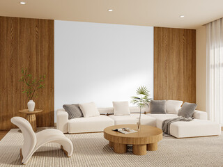 Scandinavian Living Room With Black Wall Cutout and Round Coffee Table – Front View – Transparent Wall PNG with Realistic Shadows – 3D render