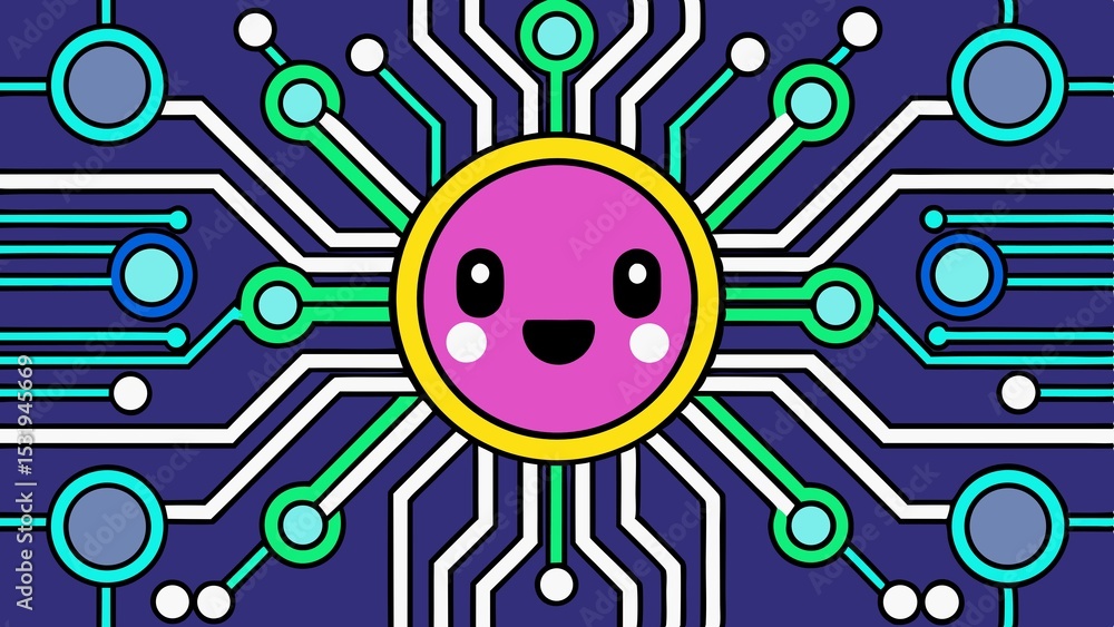 Poster digital circuitry: a vibrant illustration of a cheerful character nestled within a complex network o