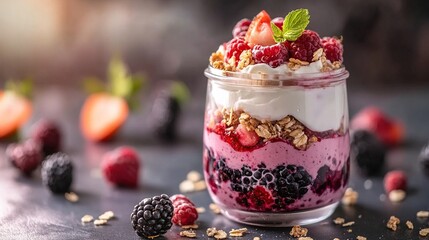 Layered parfait in glass jar; creamy yogurt, berry compote, granola, and fresh berries (strawberries, raspberries, blackberries) garnish