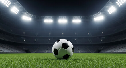 Football Soccer Ball Centered on Lush Green Field Inside a Large Stadium Under Bright Illumination