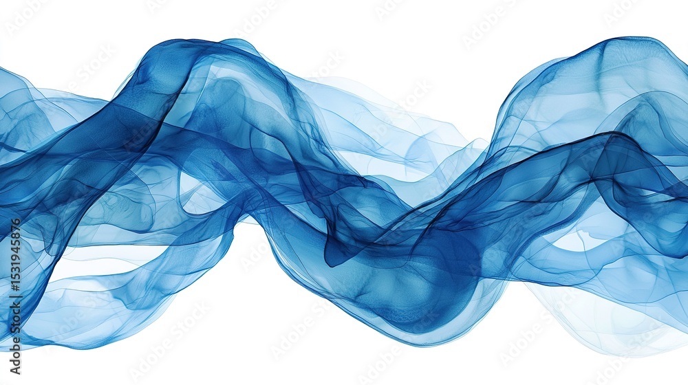 Poster abstract flowing blue smoke or wave-like shapes on a white background, creating a smooth and etherea