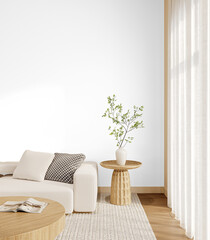 Scandinavian Corner Sofa with Wooden Side Table and Plant – Transparent Wall PNG with Realistic Shadows – 3D render