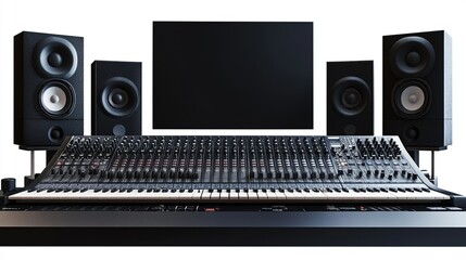A professional audio mixing console with integrated keyboard, flanked by four studio monitors and a large central screen, all against a stark white background