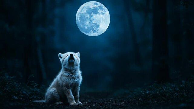 A lone gray wolf pup howls at a large full blue moon in a dark, mysterious forest at night. Halloween or mystic fantasy.