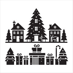 Fototapeta premium Minimalist christmas icon set featuring houses trees gifts and festive holiday elements