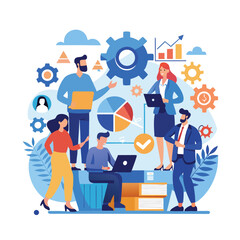 Online Business Concept. Vector cartoon illustration of a group of diverse people discussing an idea on a laptop monitor via video link.