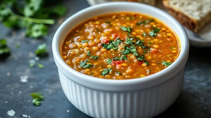 A bowl of lentil soup with a sprinkle of fresh herbs and slices of bread on the side