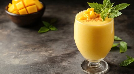 Smooth, vibrant yellow mango smoothie in a clear glass, garnished with mango chunks, cinnamon, and fresh basil leaves.  A wooden bowl of diced mango sits beside it on a dark textured surface