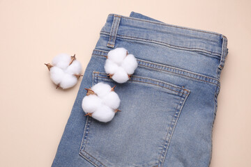Blue jeans with cotton flowers on light background