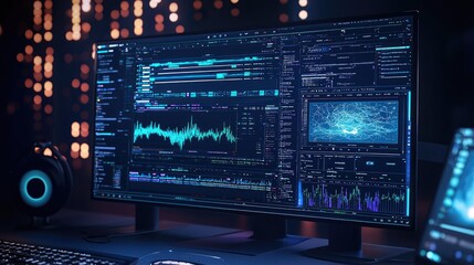 Close-up view of a computer monitor displaying complex data visualizations.