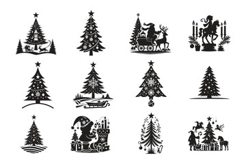 Elegant collection of black and white christmas tree illustrations and holiday themed designs