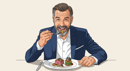 Vector Illustration of a Happy Businessman Enjoying Fine Dining Meal at a Restaurant