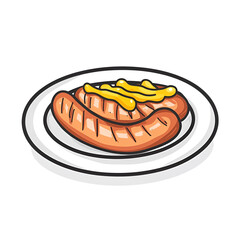 Grilled sausages with mustard on white plate isolated on transparent background