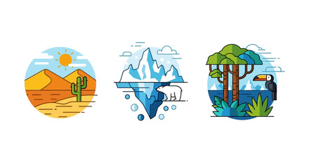 Ecosystem Illustration Set – Desert, Arctic, and Rainforest Biomes with Wildlife