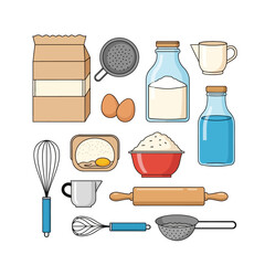 Baking Ingredients and Tools Vector Set – Flour, Eggs, Utensils, and Kitchenware