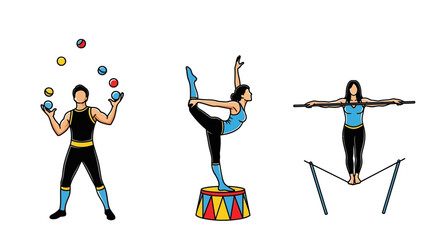 Circus Performers Vector Illustration – Juggler, Acrobat, and Tightrope Walker