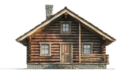 A rustic wooden cabin with a gabled roof, stone chimney, two windows, and a wooden door with a small porch. The cabin is constructed of thick, weathered logs and sits on a foundation of stone