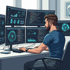 Tech Expert Monitoring Cybersecurity and Data Analytics on Multiple Screens