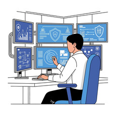 Cybersecurity Analyst Monitoring Multiple Data Screens in Control Room