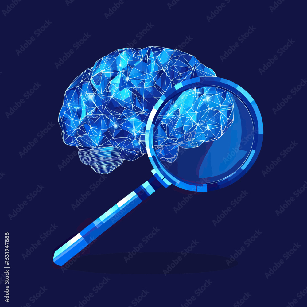Poster blue low poly polygonal brain with magnifying glass focusing on neural connections abstract flat vec