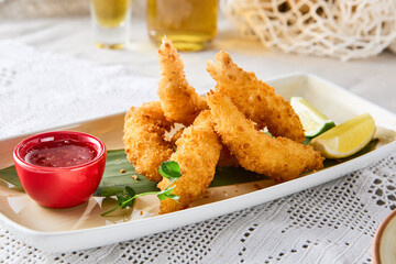 Tempura shrimp with sweet chili sauce, bright natural lighting, overhead composition