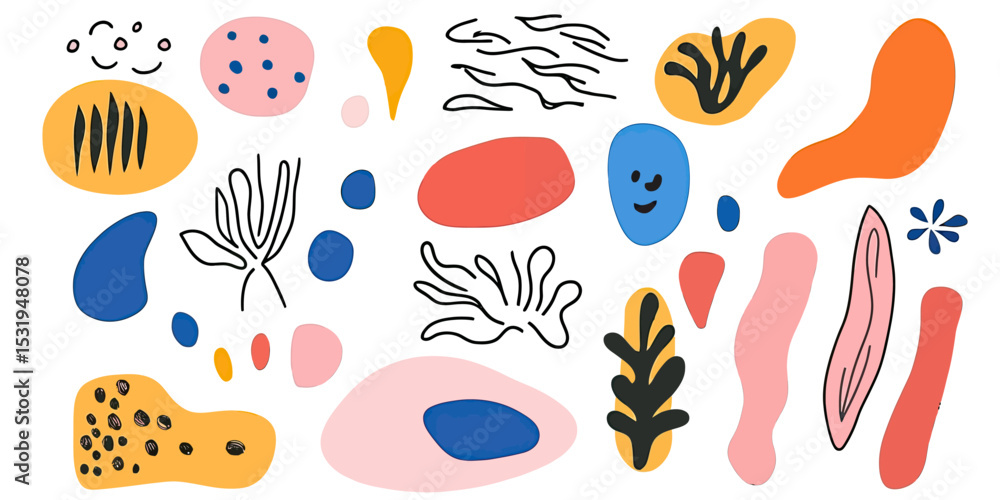 Poster colorful abstract organic shapes and doodle elements with faces and patterns in playful minimalist f