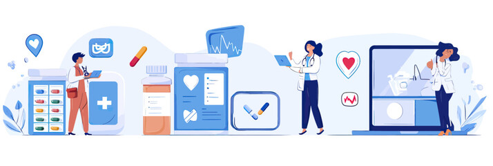 Healthcare digital services concept with online doctor consultation medicine pharmacy pharmacy delivery and health insurance policy flat vector illustration
