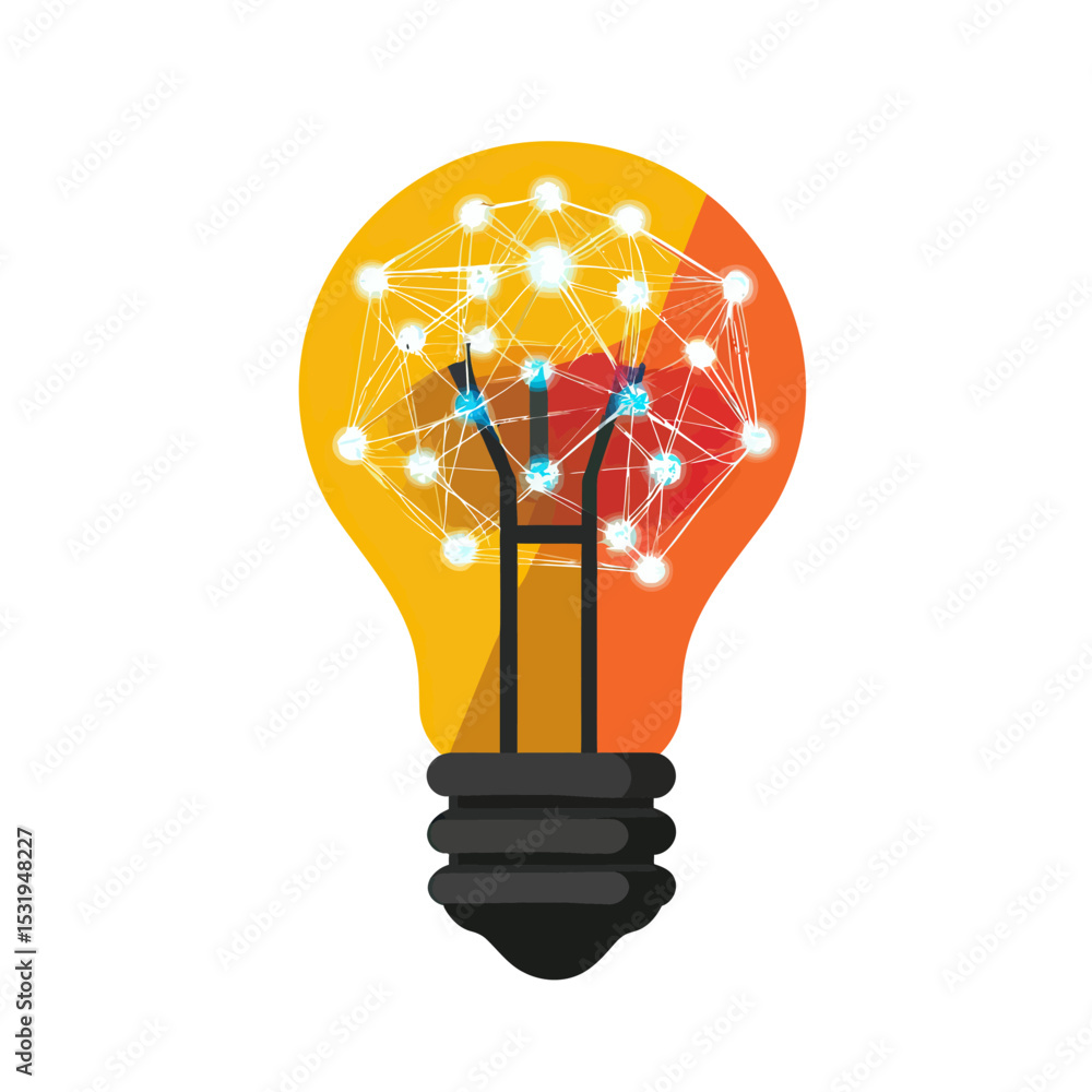 Poster bright orange light bulb with glowing interconnected network nodes inside symbolizing innovation tec