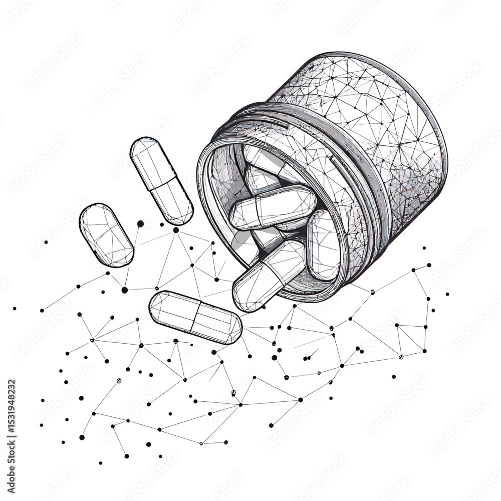 Poster low poly style transparent supplement bottle with capsules spilling out connected by thin lines and 