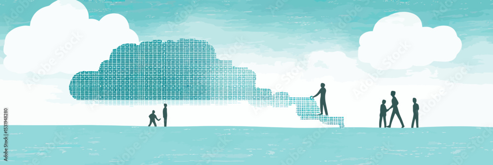 Poster business people teamwork data transfer with large digital cloud shape puzzle pieces in blue sky repr