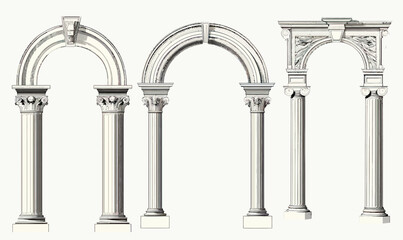 Vector illustration set of classical antique architectural arches with Corinthian and decorative columns in vintage engraved line style for design and decoration