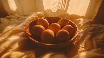 Eggs in Wooden Bowl Under Warm Sunlight Still Life