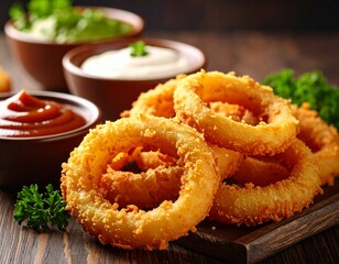 Onion rings w złocistej panierce podane z trzema dipami w ceramicznych miseczkach