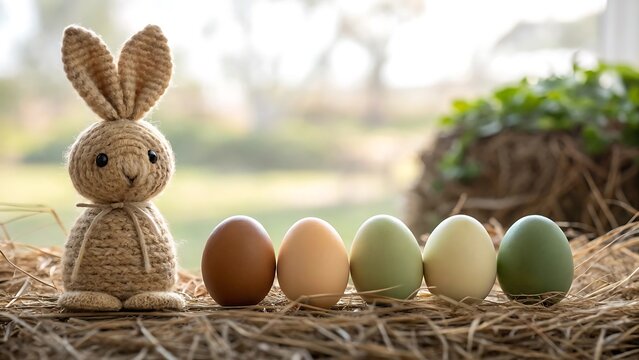 Easter bunny with colorful eggs on a bed of straw festive springtime celebration