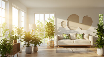 Bright and Airy Living Room Interior Design with Abundant Plants and Natural Light