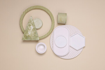 Composition of plaster figures. Moodboard for design. Flat lay. Top view