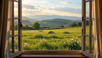 Fototapeta premium a peaceful view from a window overlooking a vast green meadow with blooming wildflowers and rolling